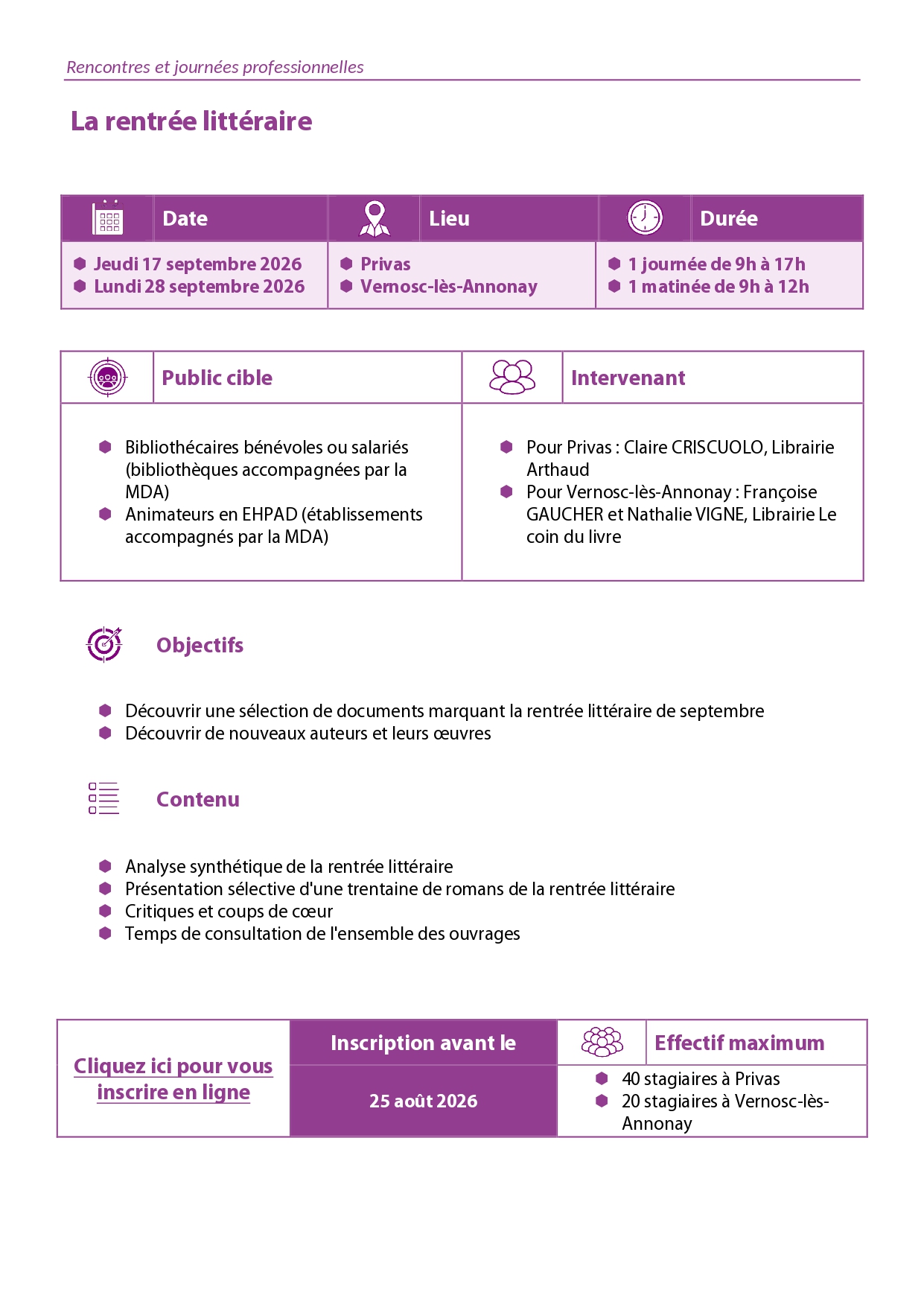 descriptif de la formation rentrée littéraire le 17 et 28 septembre
