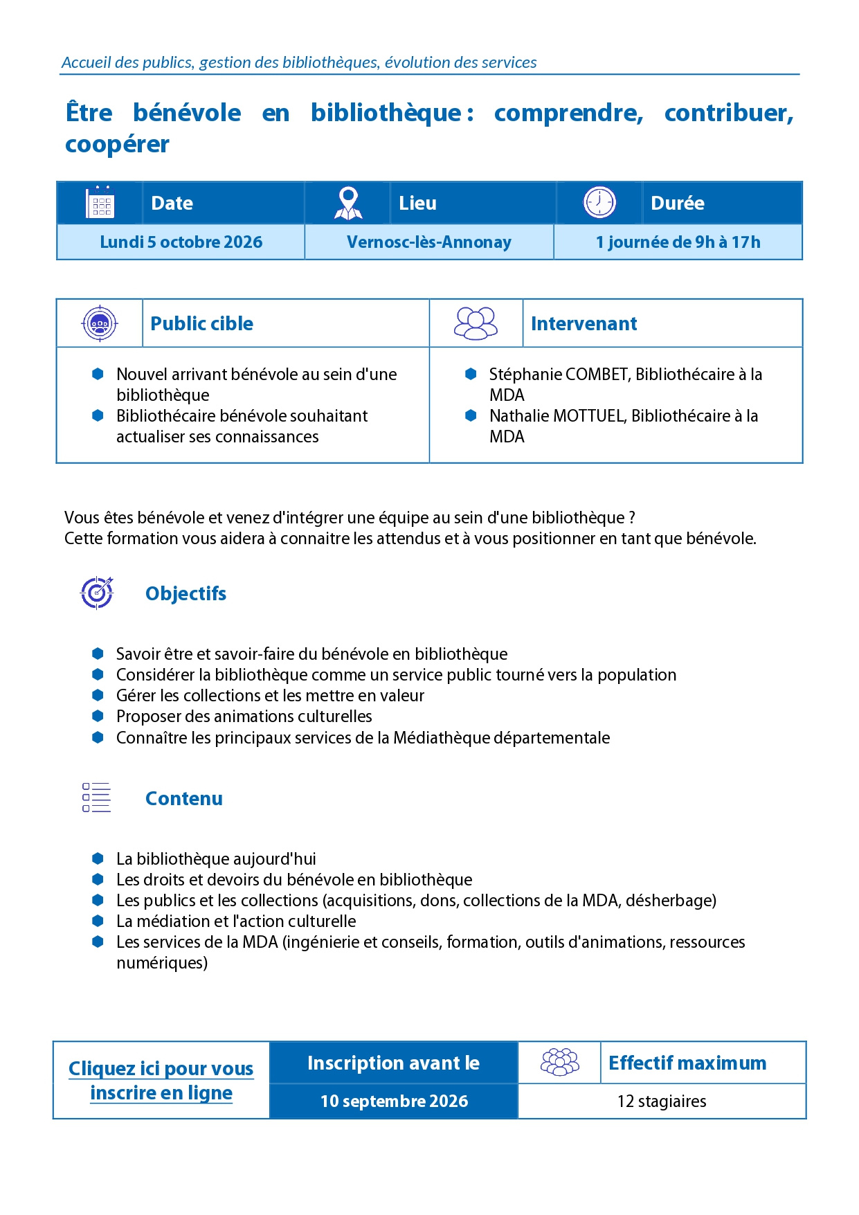 descritpion de la formation Etre bénévole en bibliothèque le 5 octobre