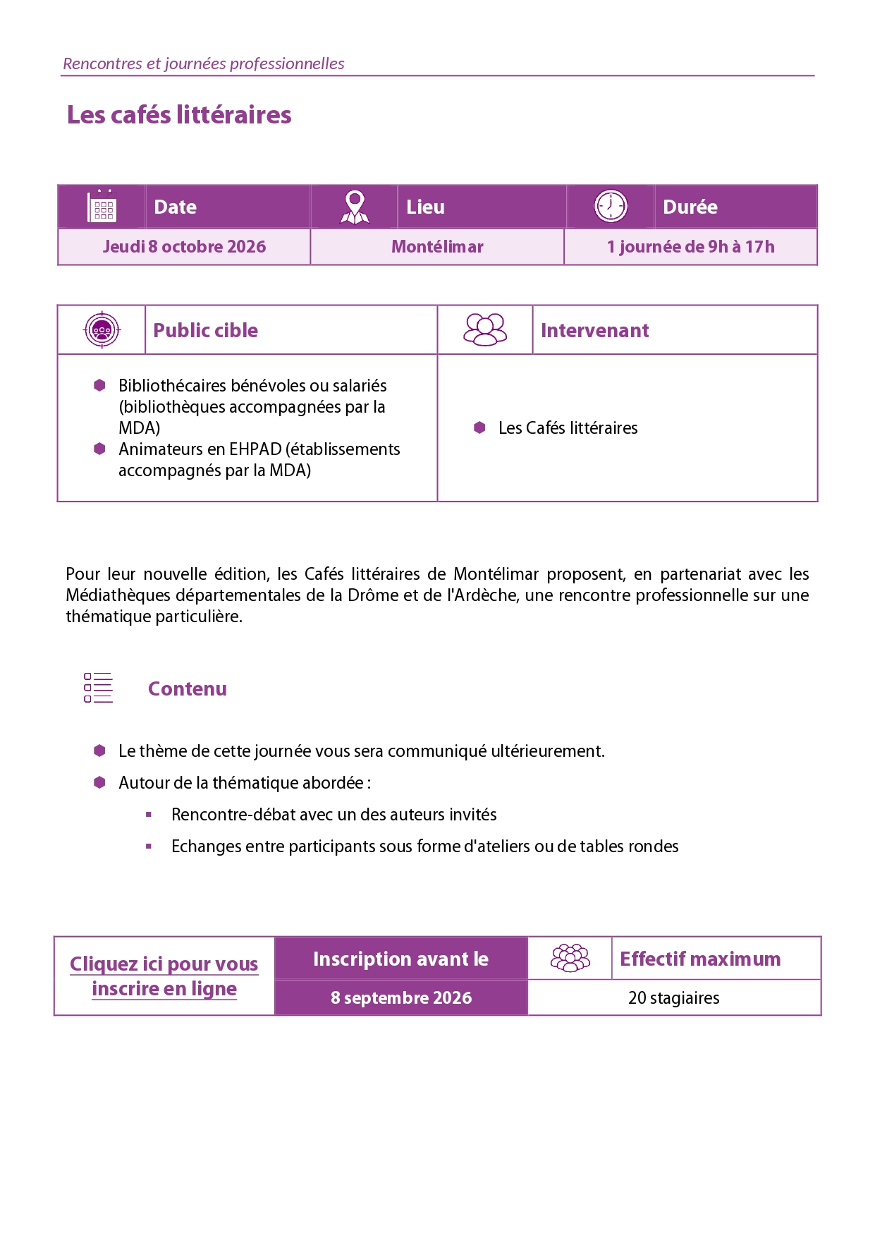 description de la journée de formation les cafés littéraires le 8 octobre 2026