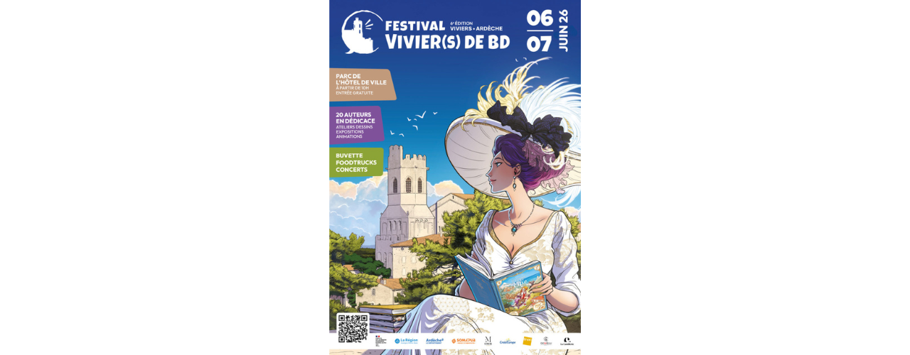 Affiche sur fond bleu avec personnage féminin habillé avec une robe belle-époque